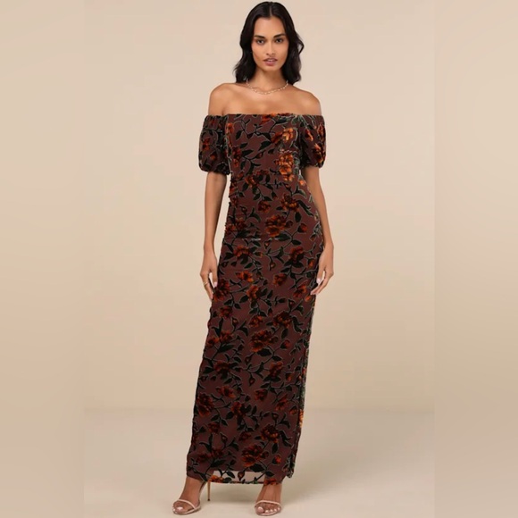 Lulus Dresses & Skirts - Lulus Confidently Impressive Brown Velvet Off-the-Shoulder Maxi Dress